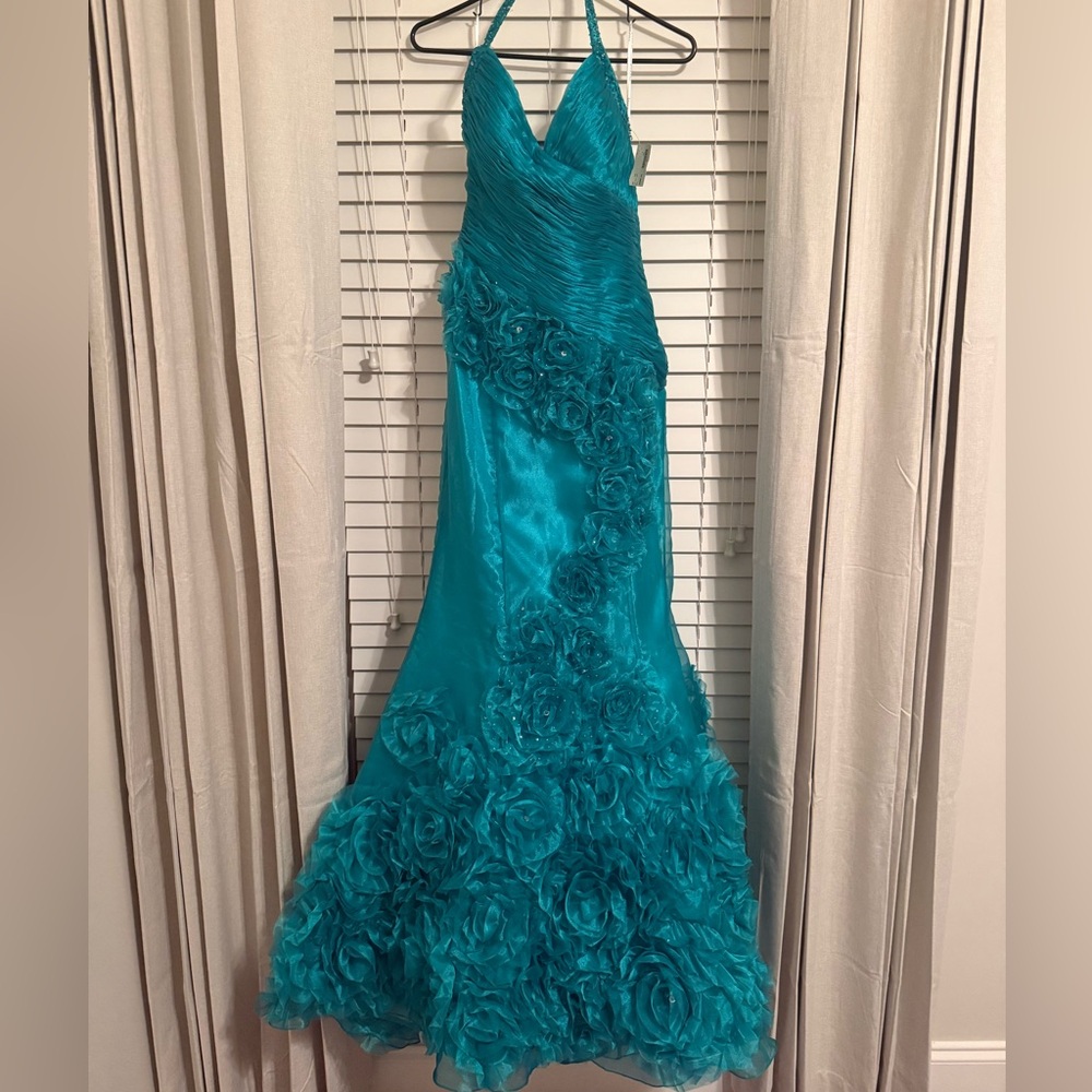 Elegant Teal Halter Gown with Floral Details